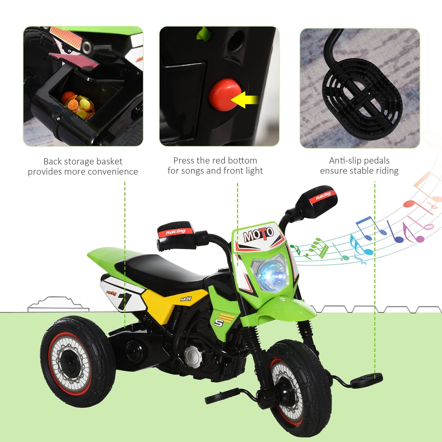 HOMCOM Toddler Pedal Motorcycle Kids Ride On Tricycle Early Learning w/ Music Lights Handlebar Stickers Exercise Boys Girls Gift for Kids 18 - 36 Months Green