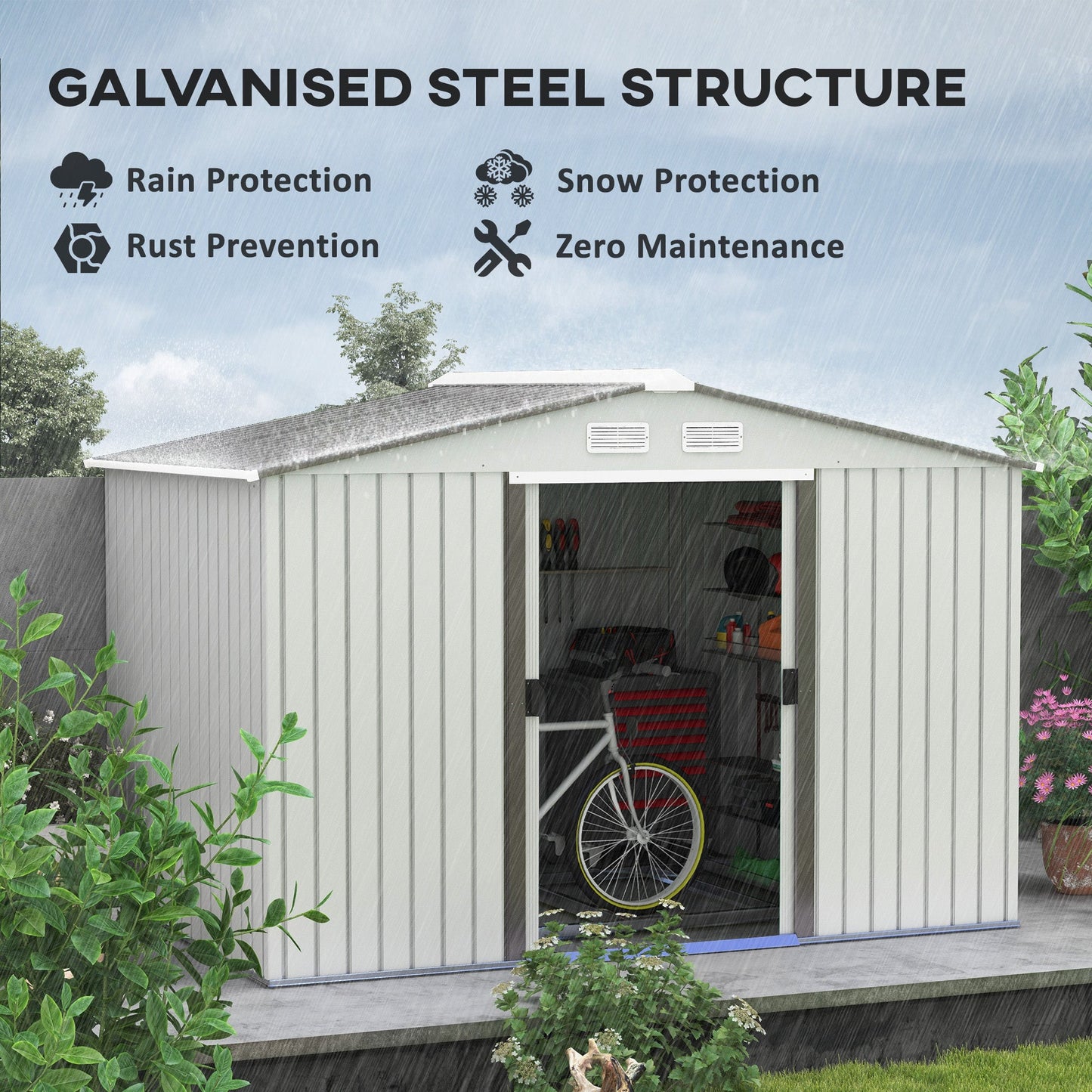 Outsunny Garden Storage Shed, Metal Outdoor Storage Shed House with Foundation Kit, Ventilation, Doors, 9 x 6FT, Silver