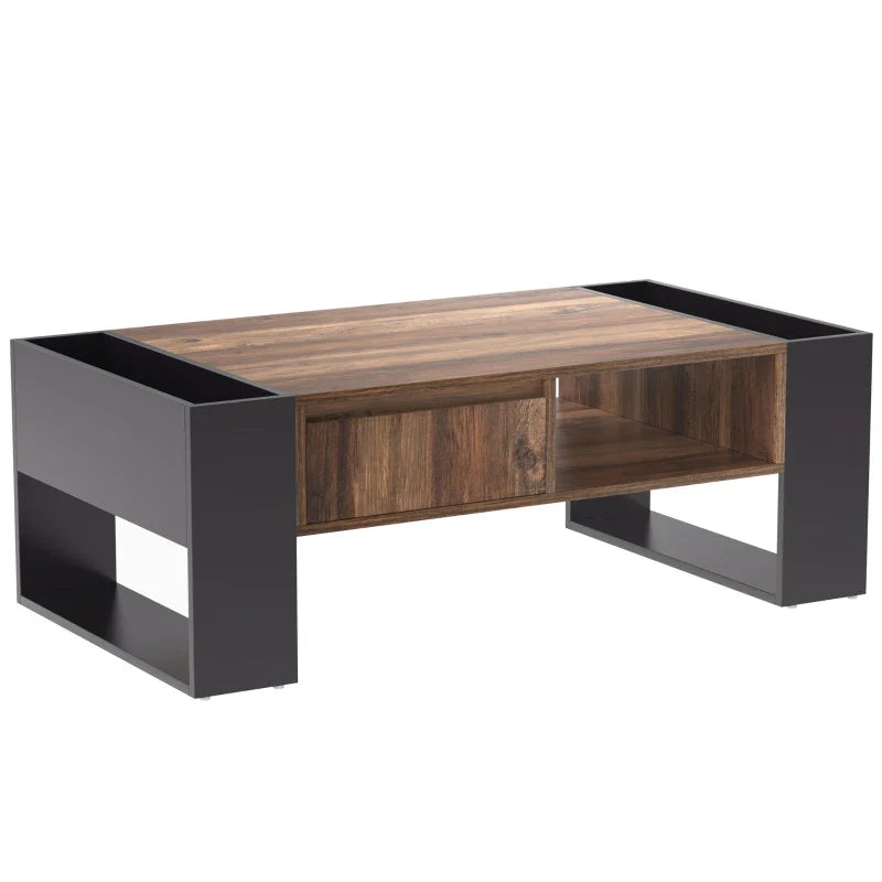 Wood Grain Coffee Table with Handleless Drawer and Double-Sided Storage, Industrial Design, 106.4x60x40 cm, Black+ Gray