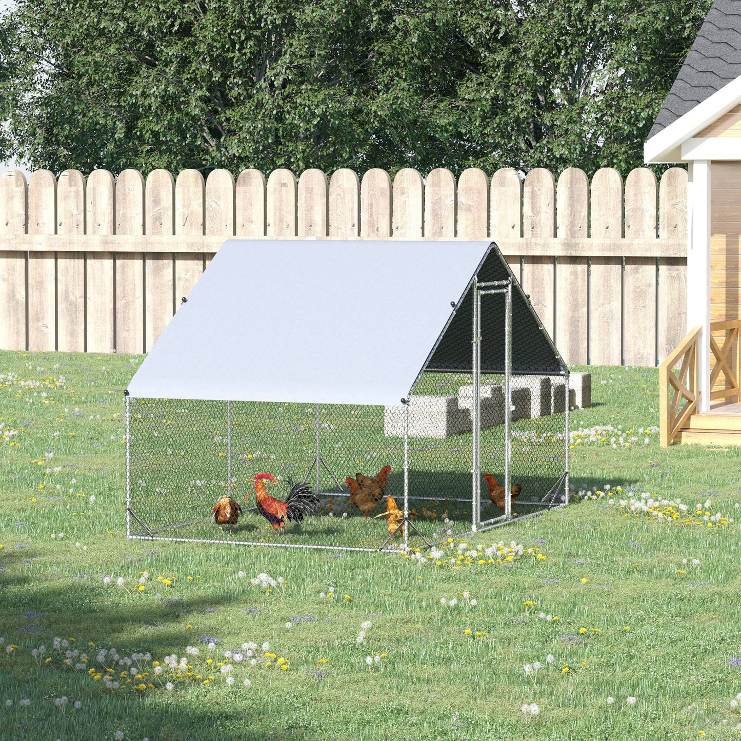 PawHut Walk In Chicken Run Galvanized Chicken Coop Hen Poultry House Cage Rabbit Hutch Pet Playpen Backyard With Water-Resist Cover, 3 x 2 x 2m