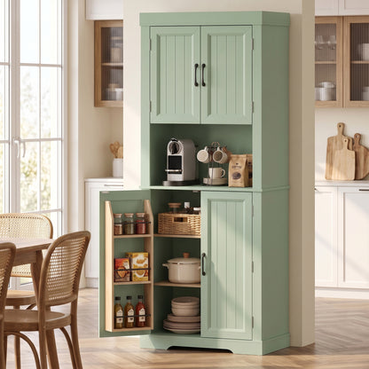 HOMCOM 183 cm Tall Kitchen Cupboard, Kitchen Cabinet with Open Countertop, Door Racks and Adjustable Shelves, Sage Green