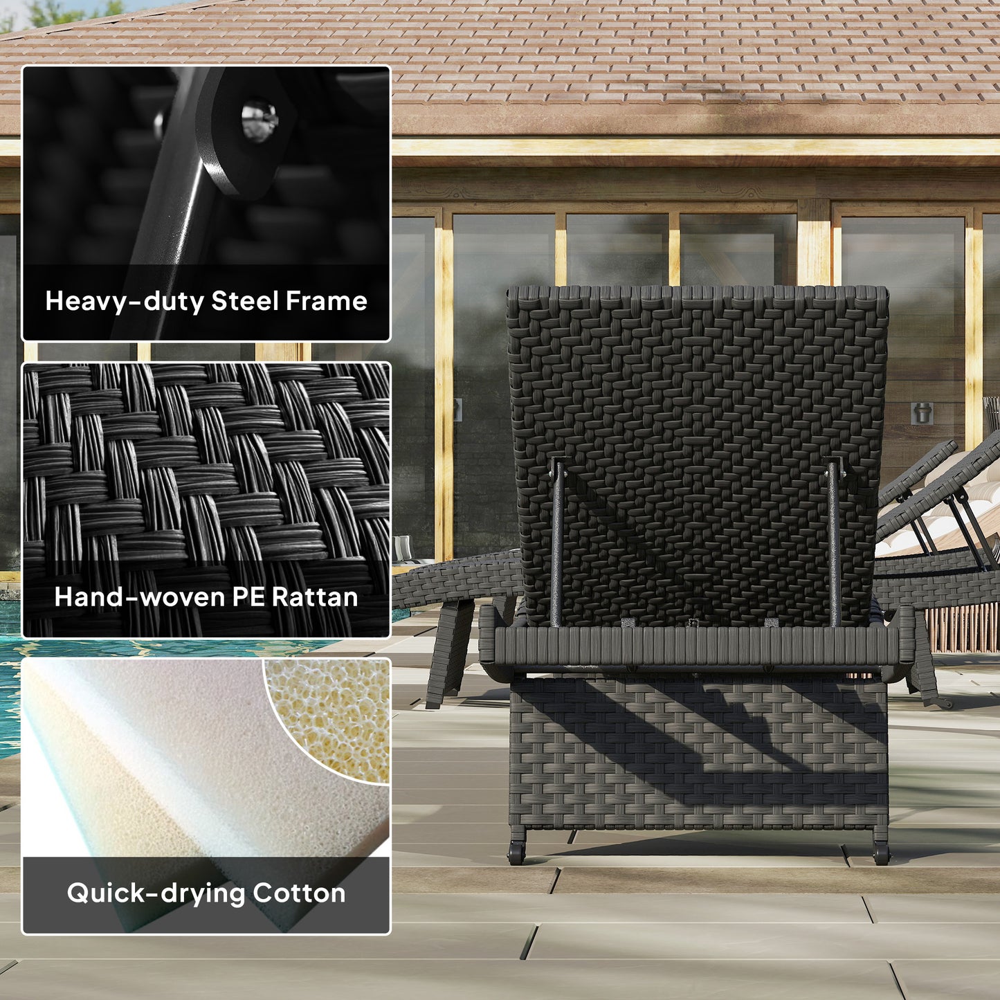 Outsunny Outdoor PE Rattan Leżak, składany wiklinowy leżak ogrodowy z oparciem regulowanym na 4 poziomach, rolowany leżak z kółkami, antypoślizgowe nogi na balkon, plaża, czarny