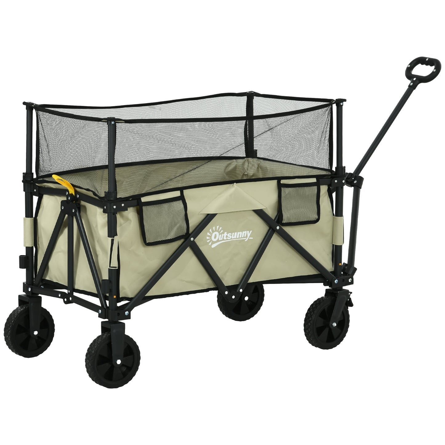 Outsunny Folding Garden Trolley, 180L Wagon Cart with Extendable Side Walls, for Beach, Camping, Festival, Khaki