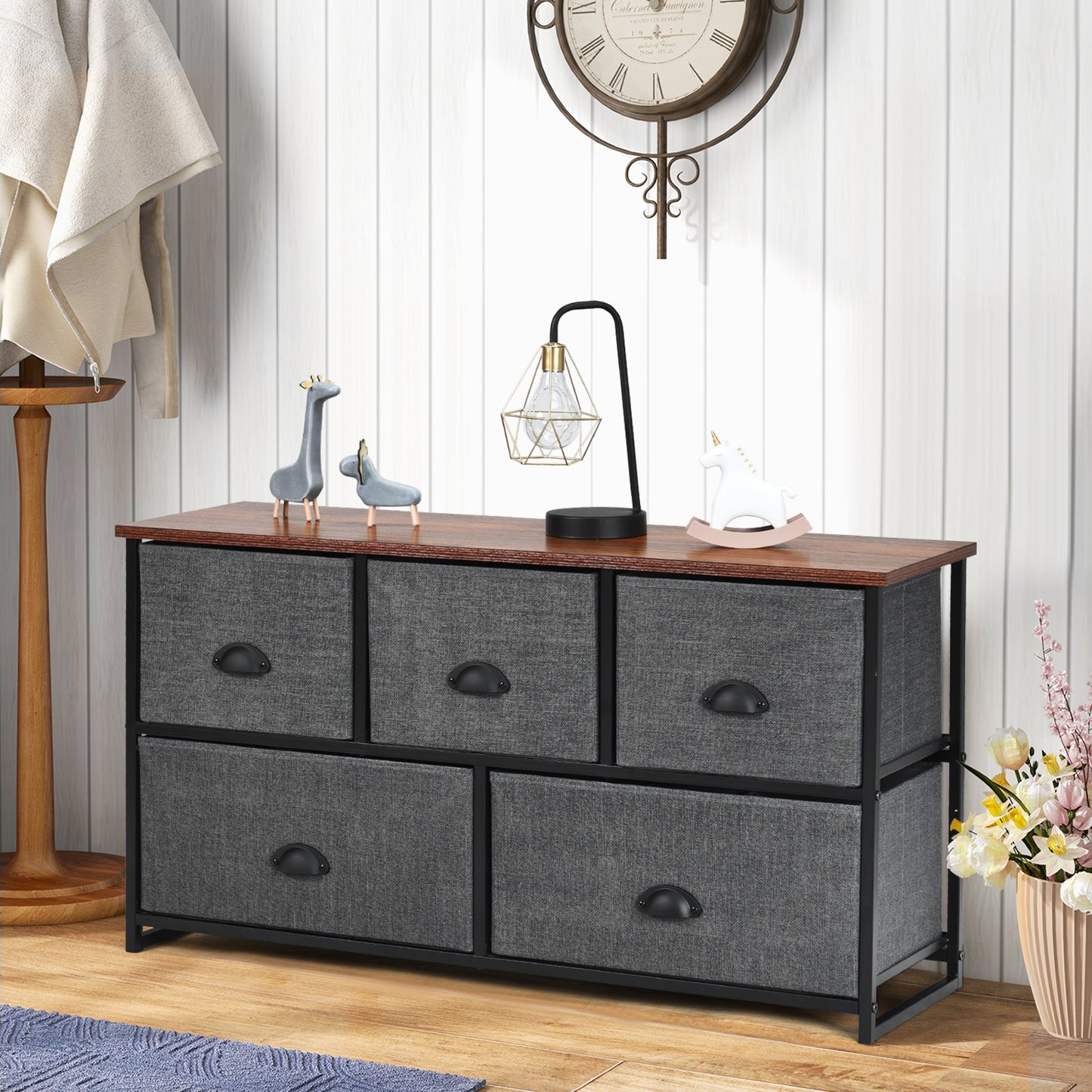 Fabric Drawer Cabinet for Wardrobe, Bedroom, Living Room-Black &amp; Grey