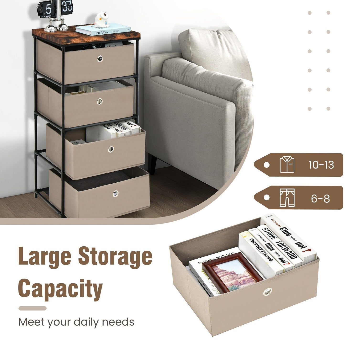 4-Tier Fabric Dresser with Drawers and Metal Frame-Coffee