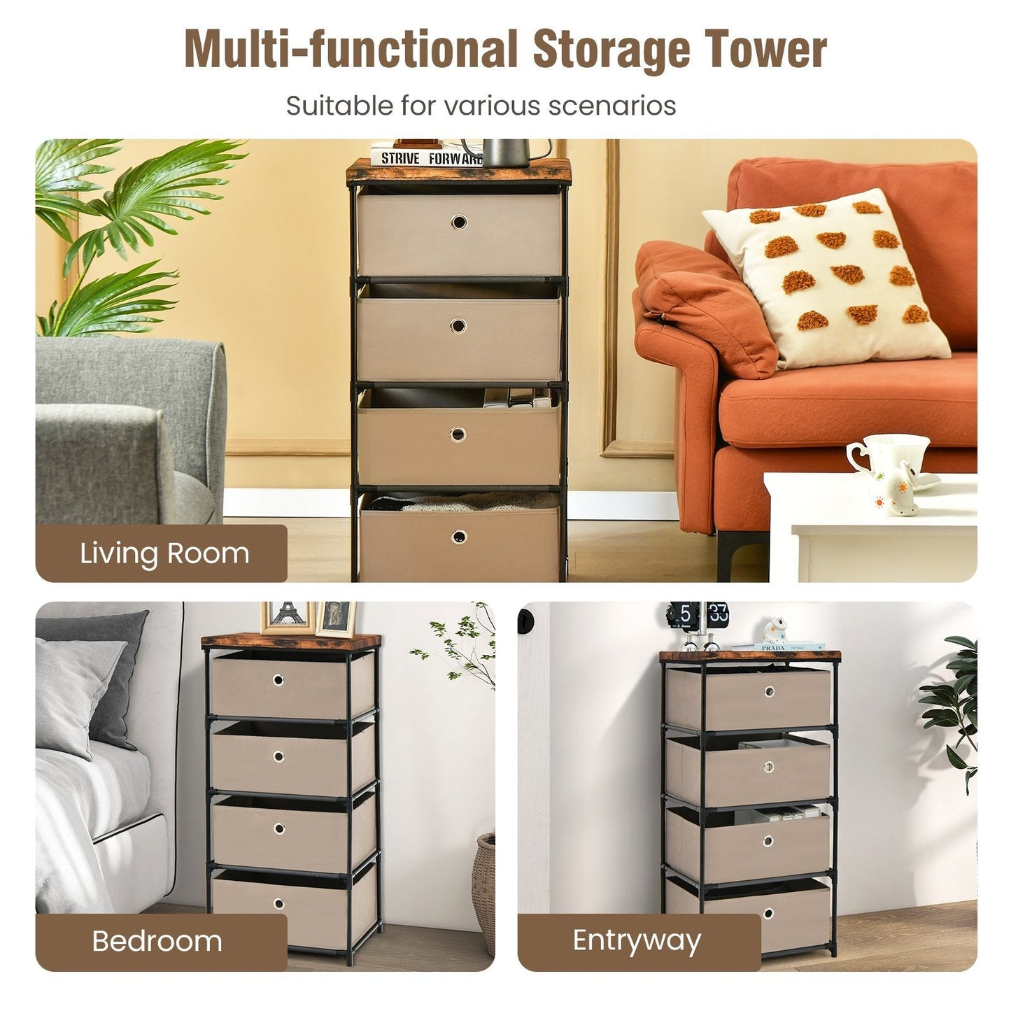 4-Tier Fabric Dresser with Drawers and Metal Frame-Coffee