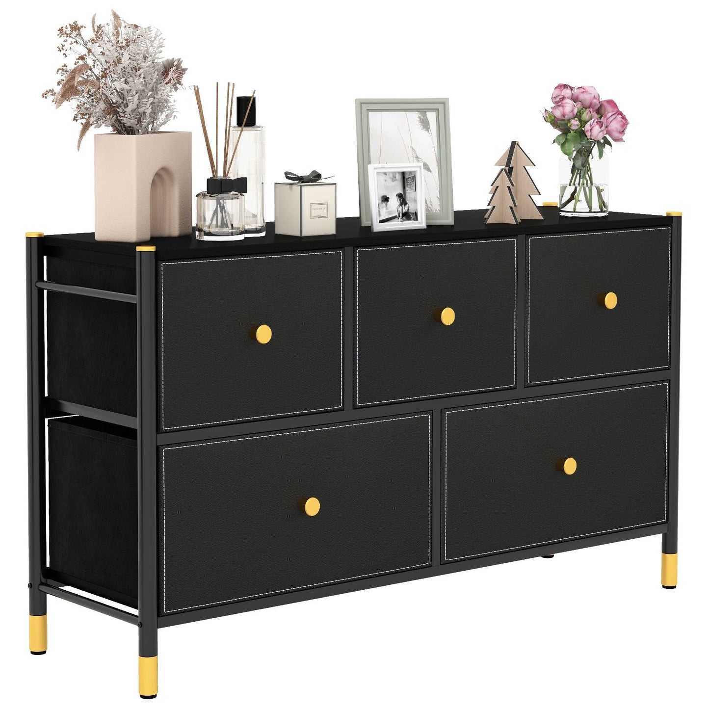 Fabric Dresser Tower for Bedroom with Drawers and Metal Frame-2-Tier