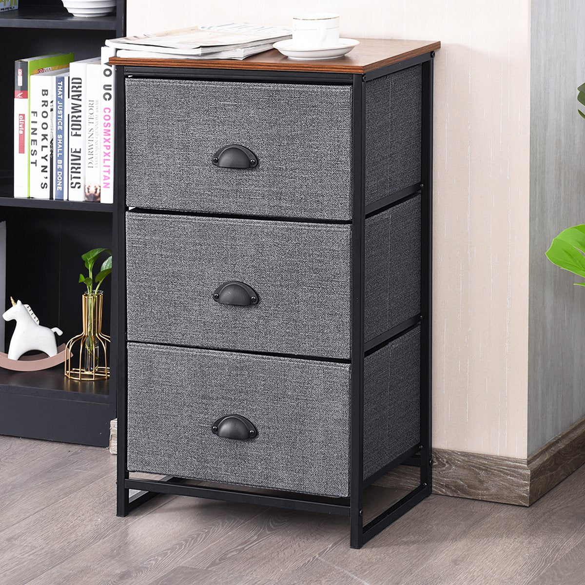 2/3/4 Fabric Nightstand Bedside Storage Cabinet Folding Drawers-3-Tier-Black