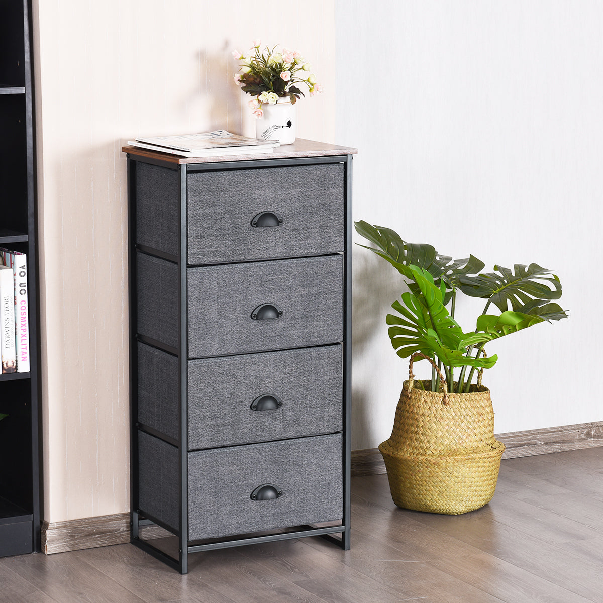 3/4 Fabric Nightstand Bedside Storage Cabinet Folding Drawers-4-Tier-Black