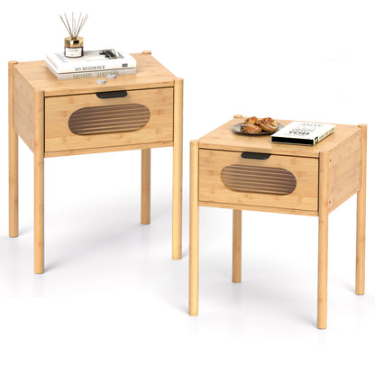 Farmhouse Bedside Table Nightstand Set of 2 with Tempered Glass Decorated Drawer
