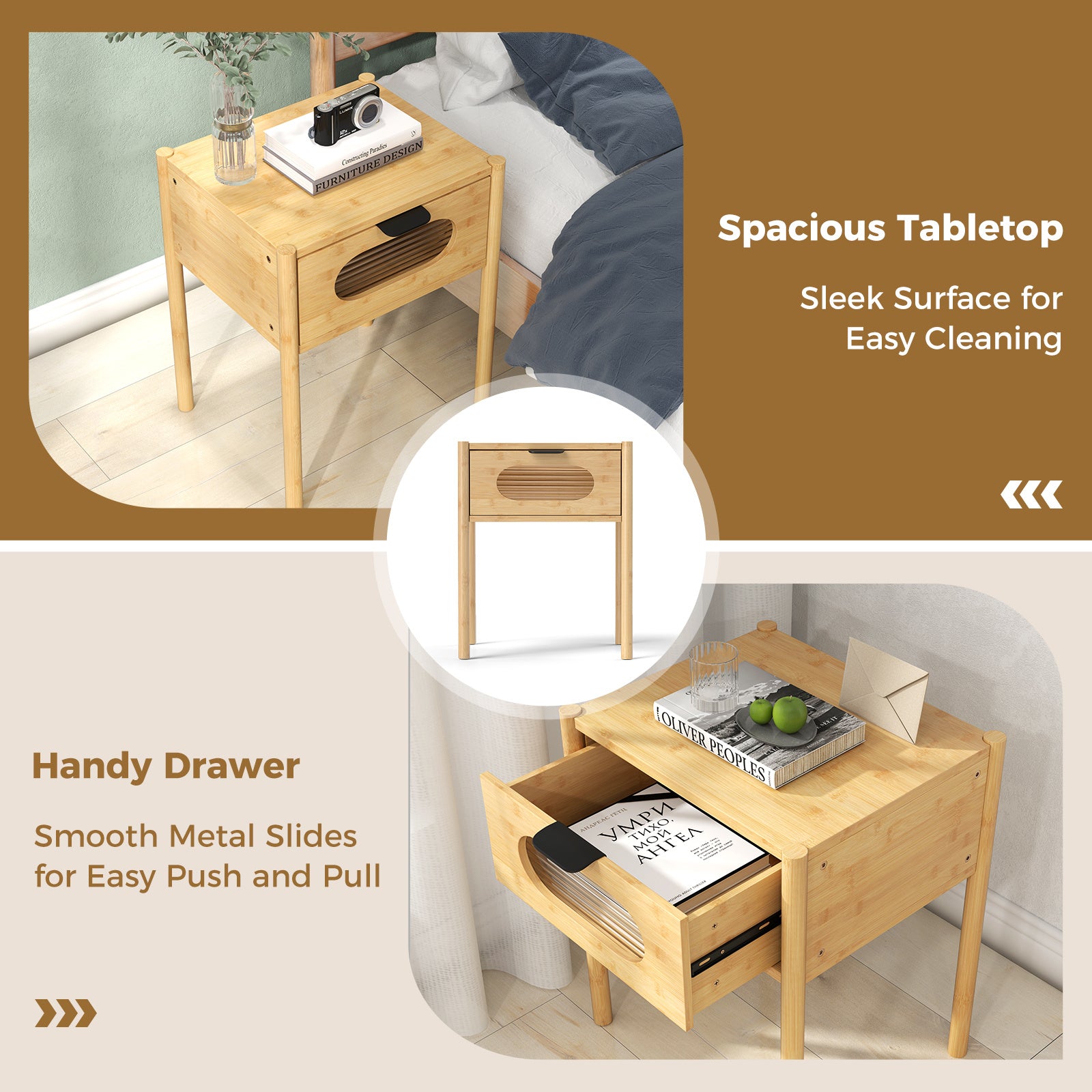 Farmhouse Bedside Table Nightstand Set of 2 with Tempered Glass Decorated Drawer