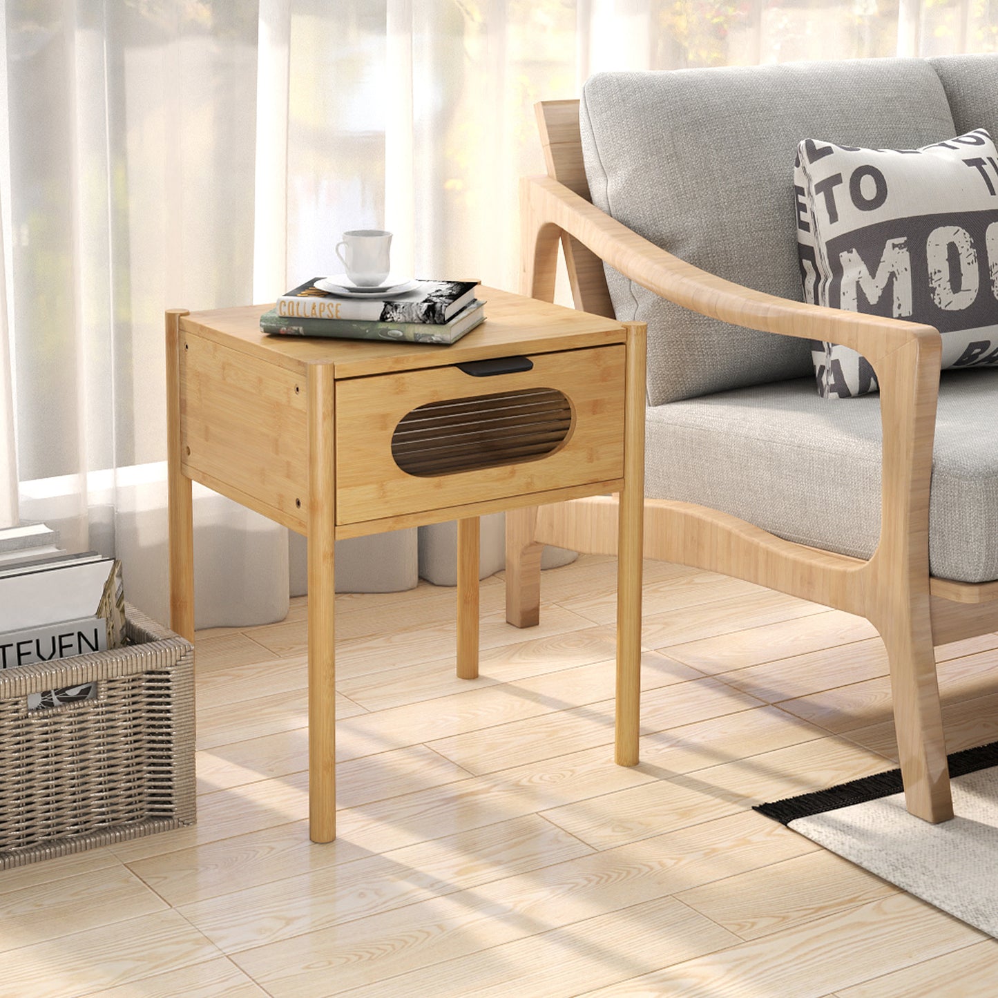 Farmhouse Bedside Table Nightstand Set of 2 with Tempered Glass Decorated Drawer