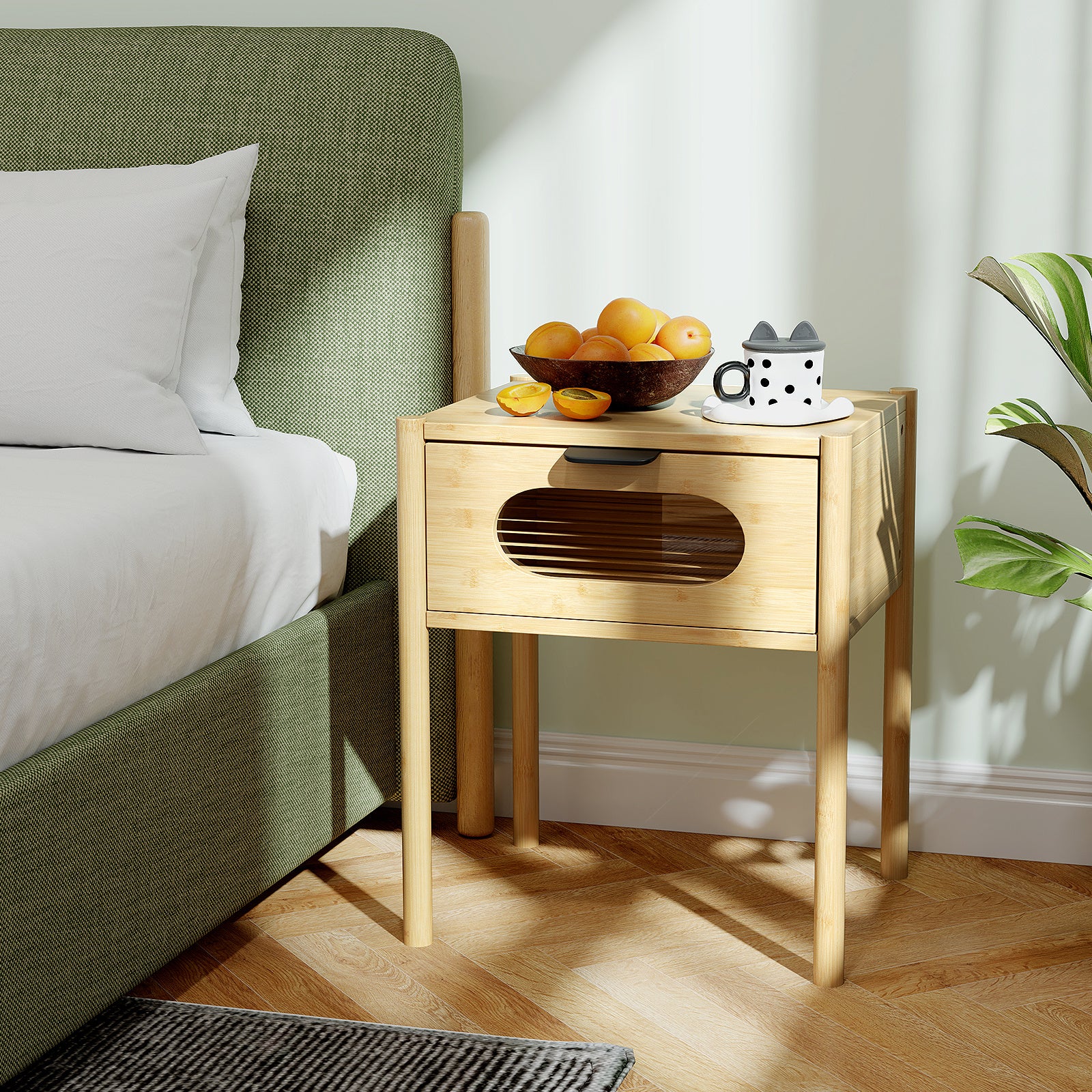 Farmhouse Bedside Table Nightstand Set of 2 with Tempered Glass Decorated Drawer