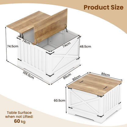 Farmhouse Lift Top Coffee Table 80CM Square Center Table with Hidden Storage Compartment-Brown