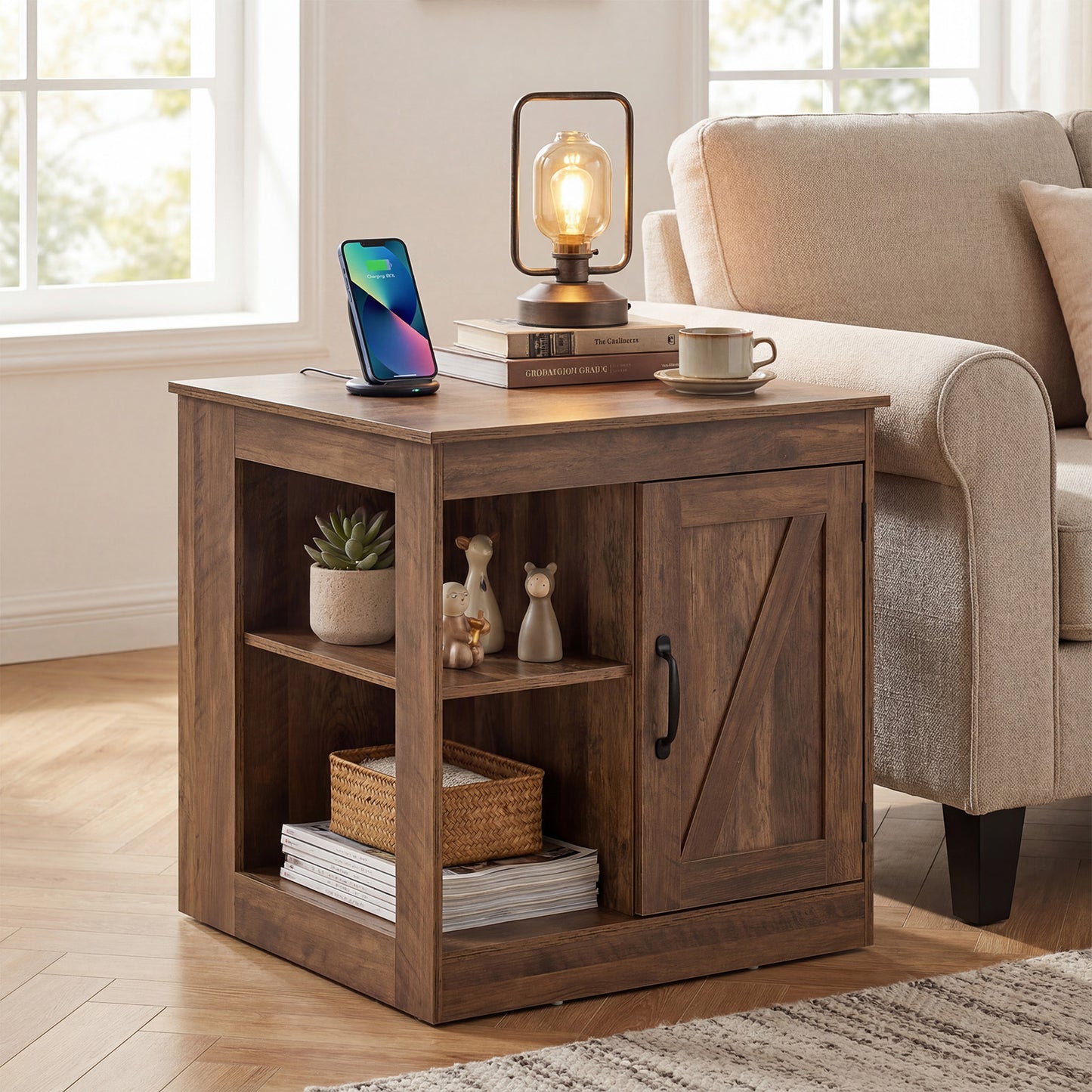Farmhouse Nightstand Set of 2 with Charging Station Bedside Table with Adjustable Shelf-Brown