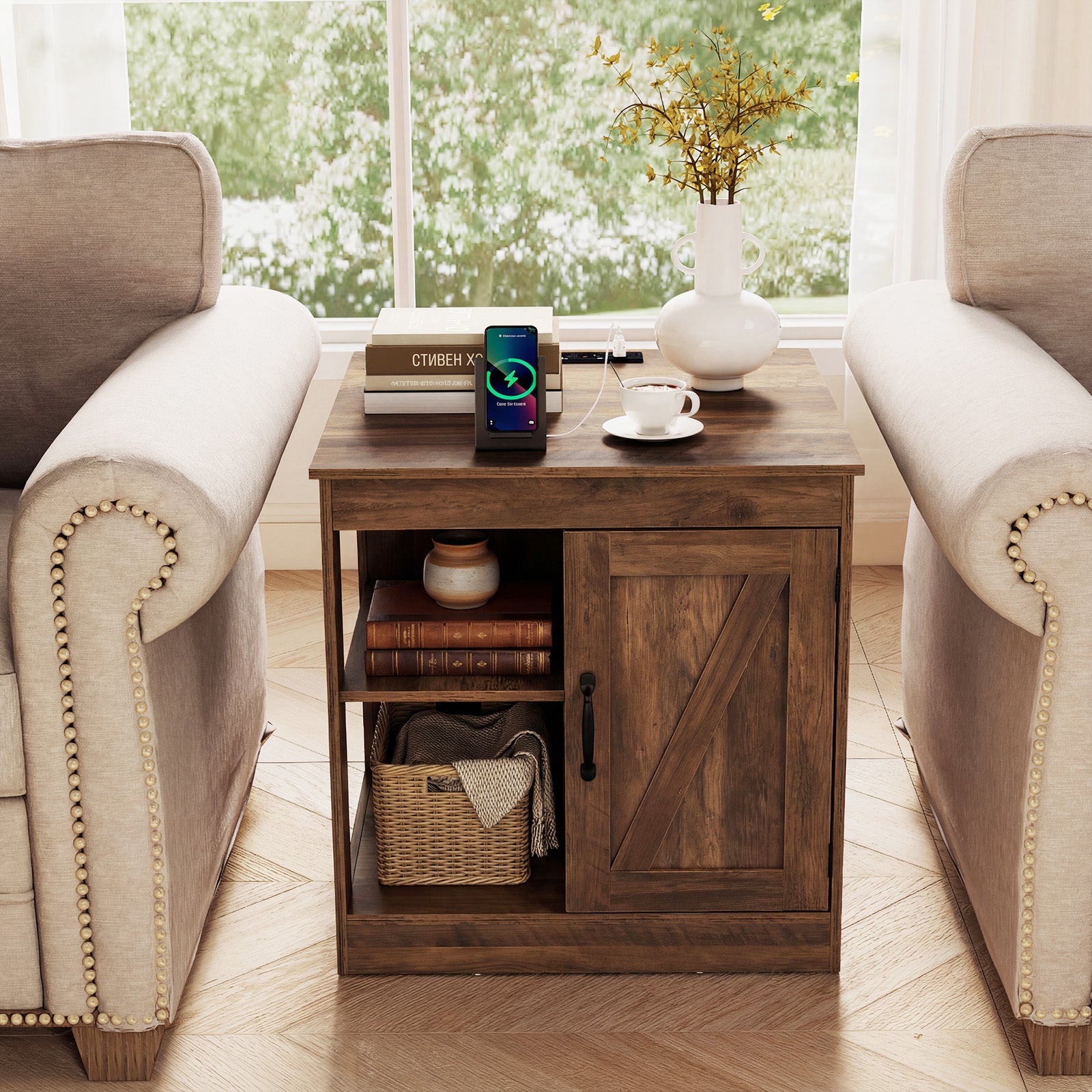 Farmhouse Nightstand Set of 2 with Charging Station Bedside Table with Adjustable Shelf-Brown