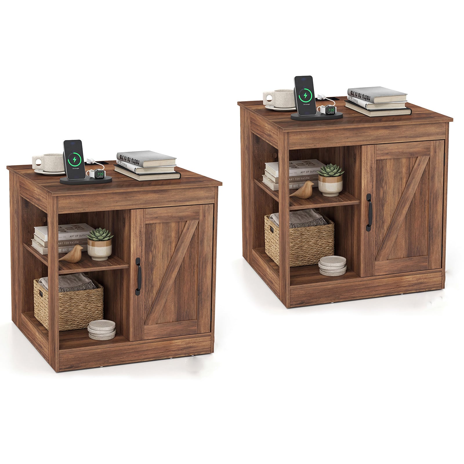 Farmhouse Nightstand Set of 2 with Charging Station Bedside Table with Adjustable Shelf-Brown