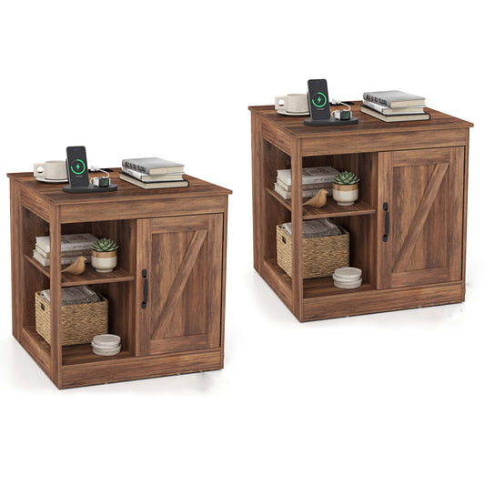 Farmhouse Nightstand Set of 2 with Charging Station Bedside Table with Adjustable Shelf-Brown