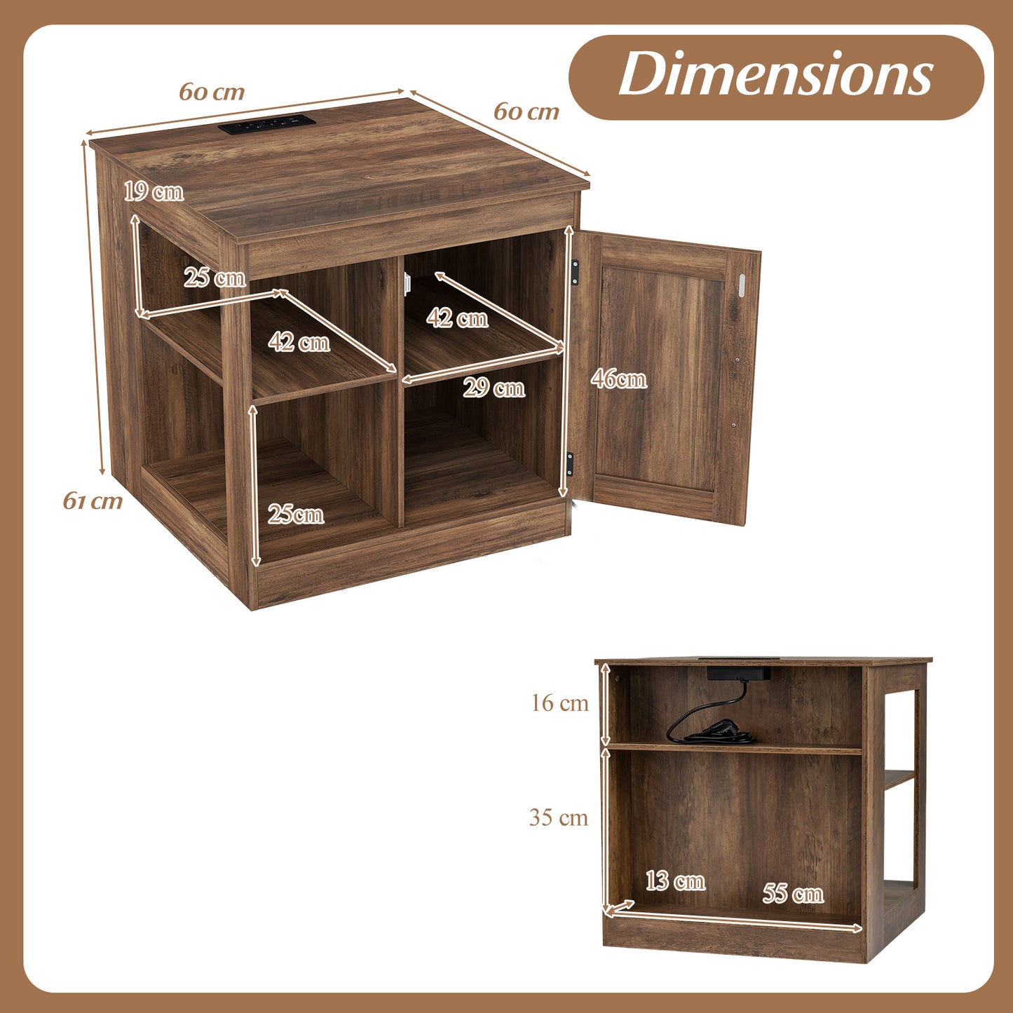 Farmhouse Nightstand Set of 2 with Charging Station Bedside Table with Adjustable Shelf-Brown