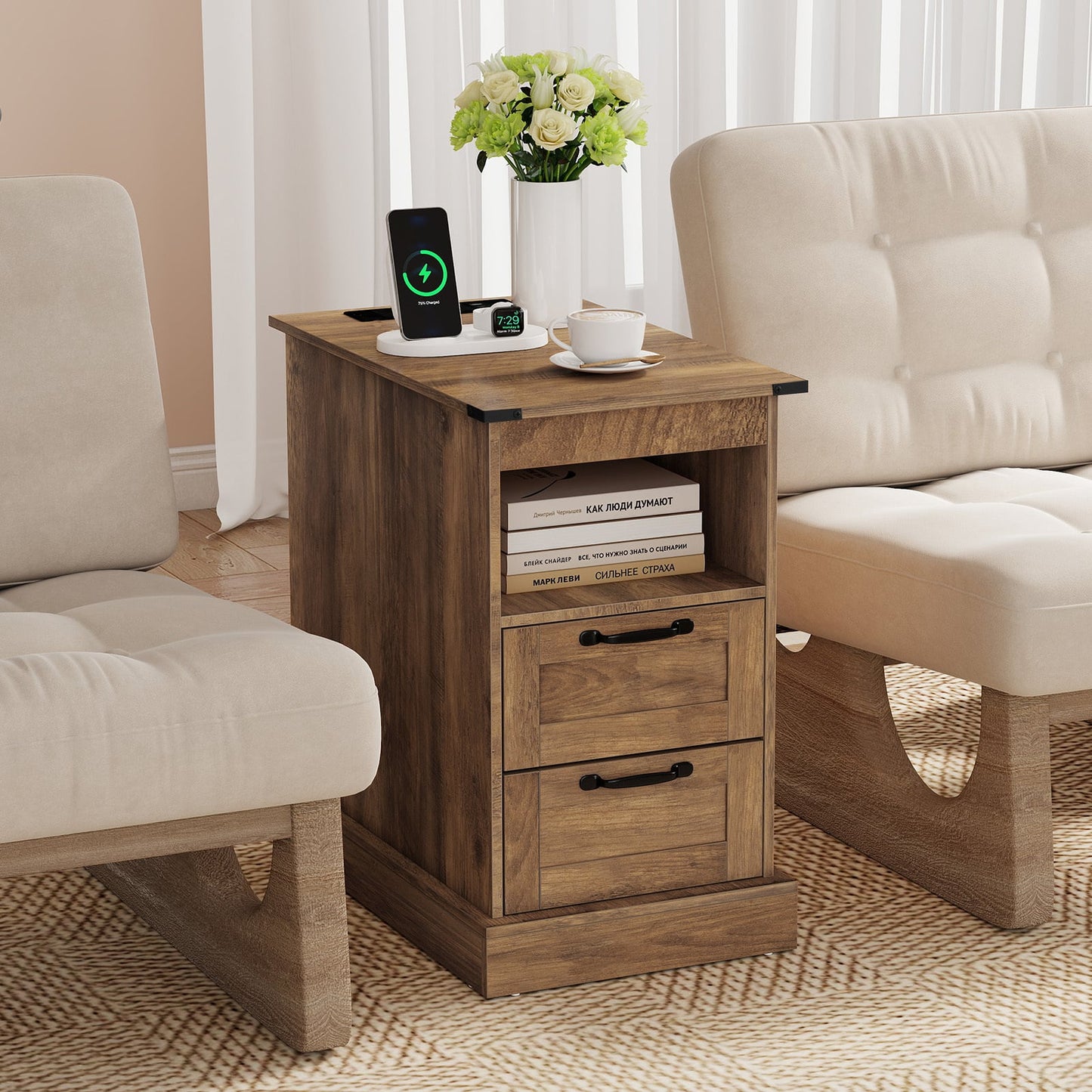 Farmhouse Nightstand with Charging Station and 2 Drawers-Rustic Brown