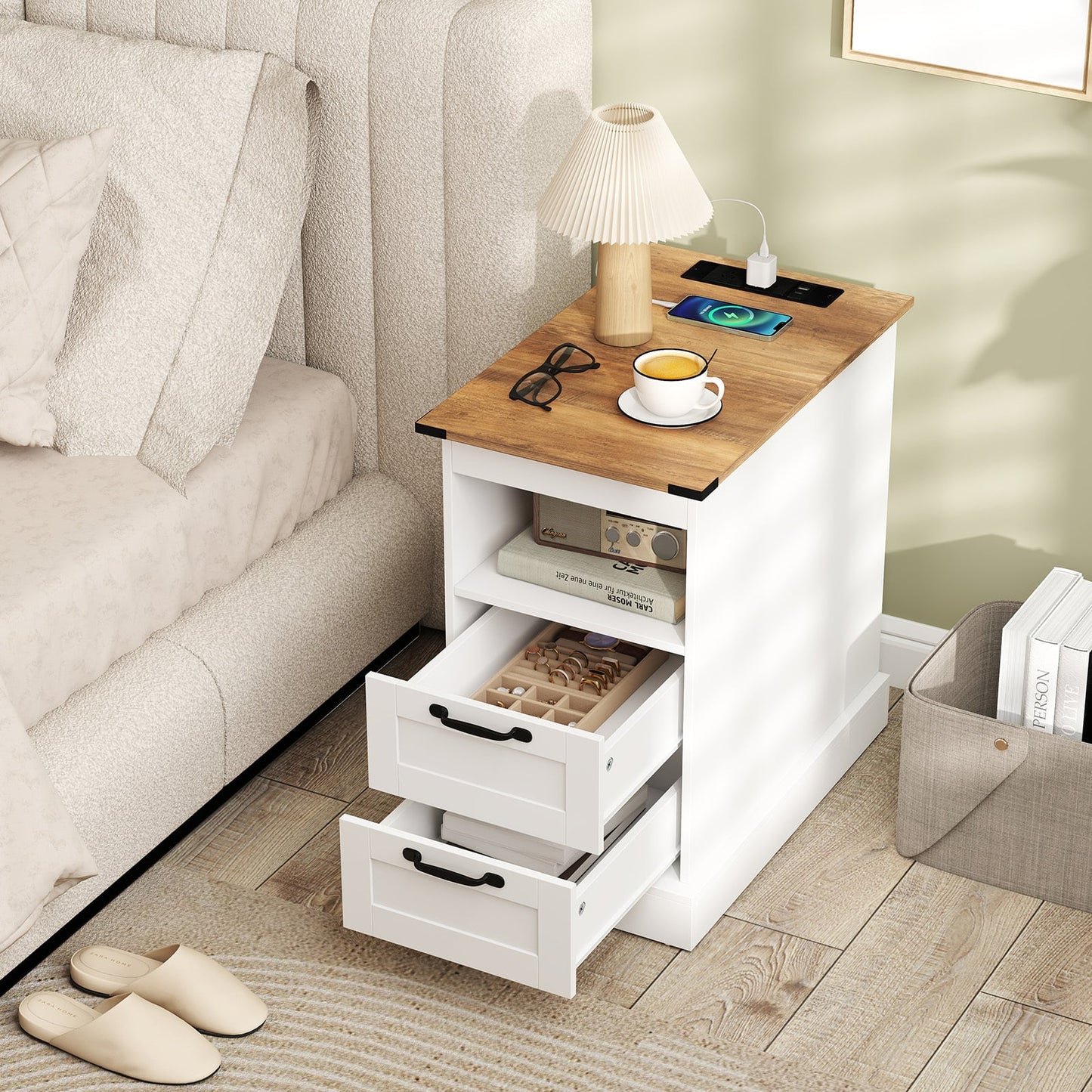 Farmhouse Nightstand with Charging Station and 2 Drawers-White