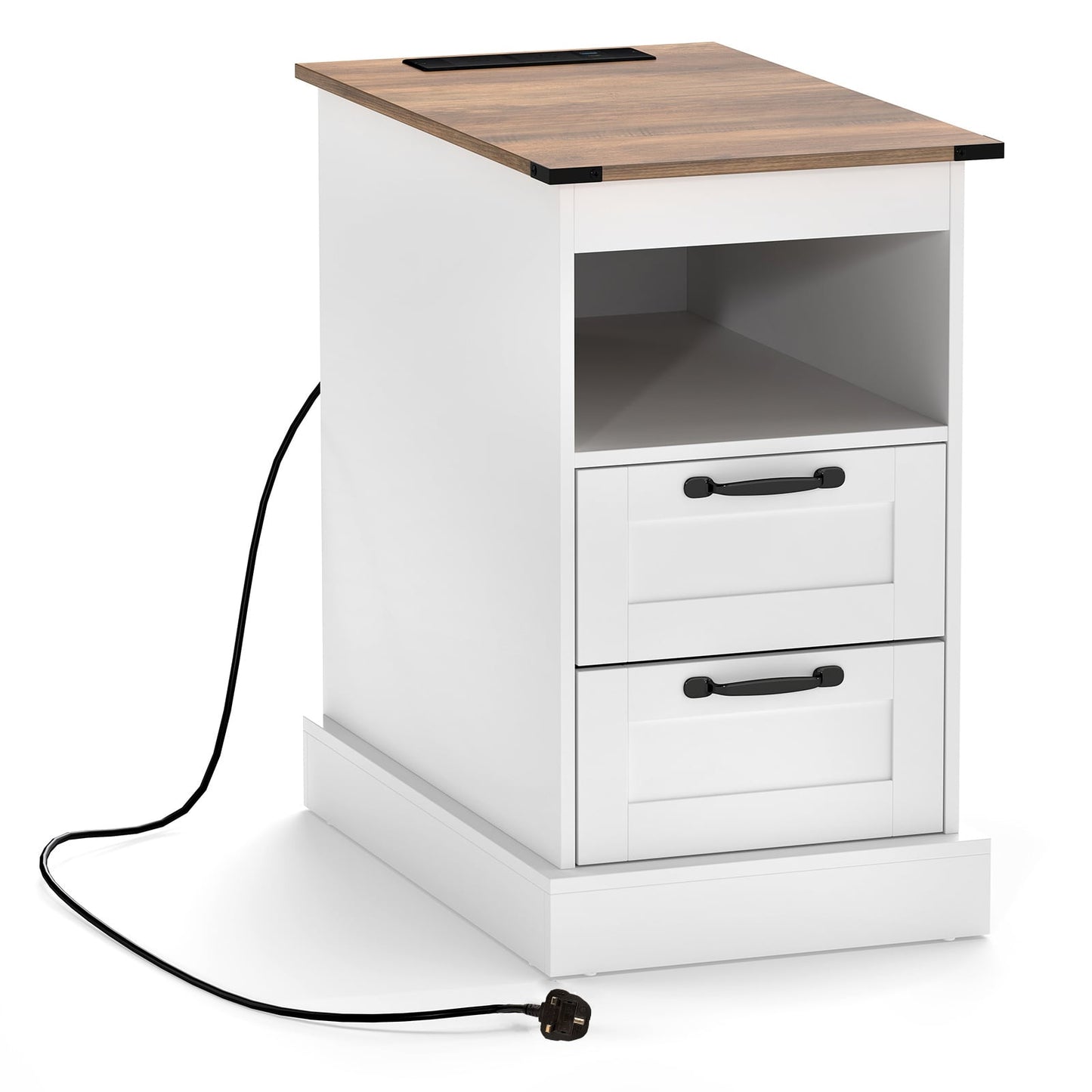 Farmhouse Nightstand with Charging Station and 2 Drawers-White