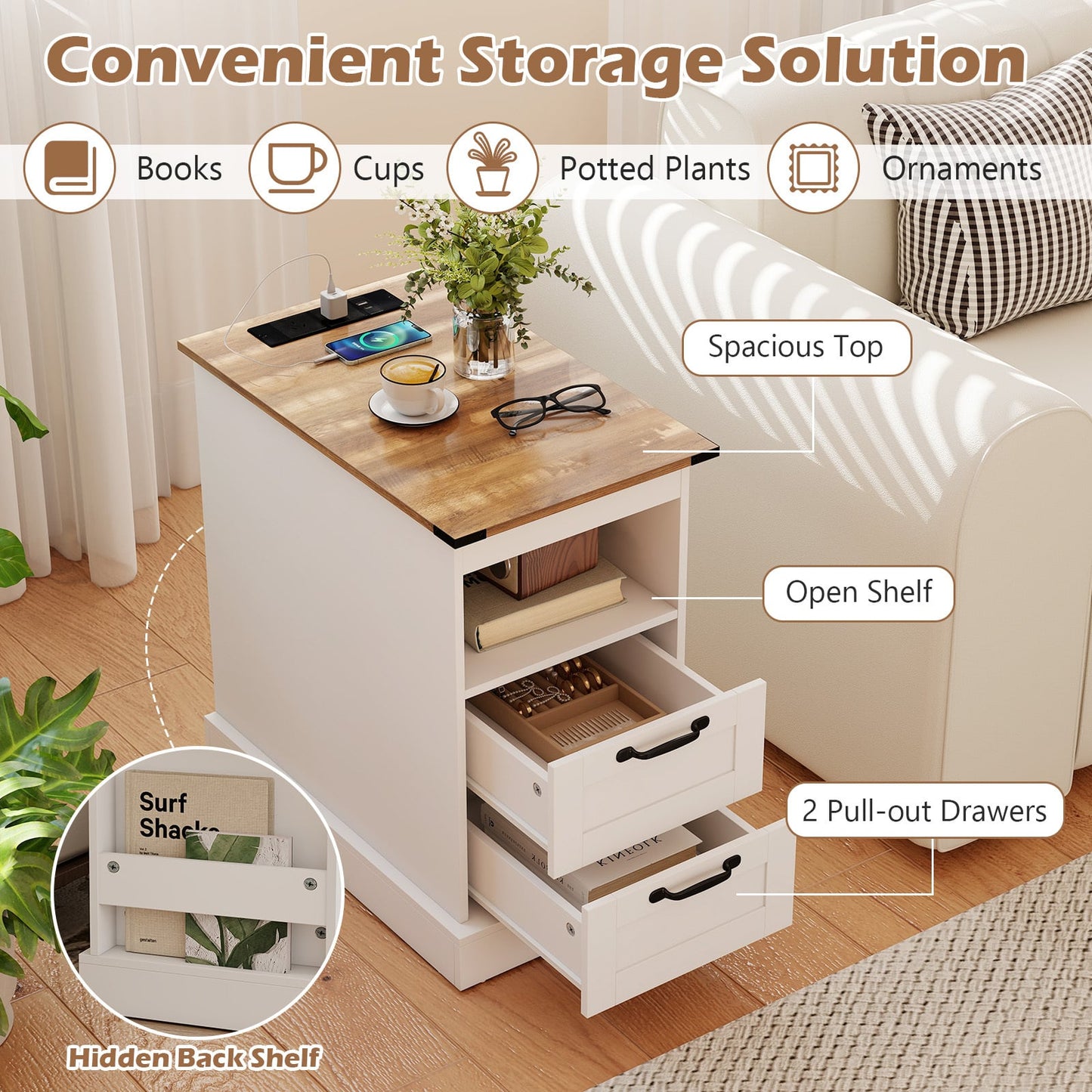Farmhouse Nightstand with Charging Station and 2 Drawers-White