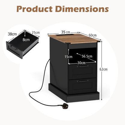Farmhouse Nightstand with Charging Station with Open Storage Shelf and 2 Drawers for Bedroom-Black