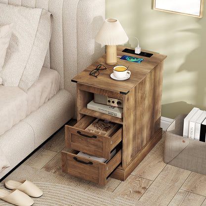 Farmhouse Nightstand with Charging Station with Open Storage Shelf and 2 Drawers for Bedroom-Rustic Brown