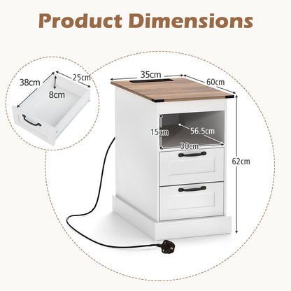 Farmhouse Nightstand with Charging Station with Open Storage Shelf and 2 Drawers for Bedroom-White