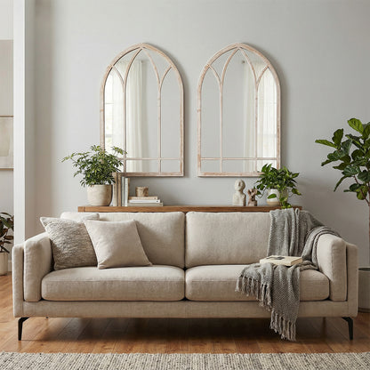 Farmhouse Window Pane Mirror Large Arched Wall Mounted Mirror with Metal Frame 83 x 48 cm-Grey