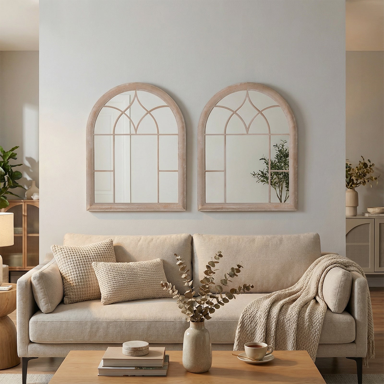 Farmhouse Window Pane Mirror Large Arched Wall Mounted Mirror with Metal Frame 88.5 x 69 cm-Grey