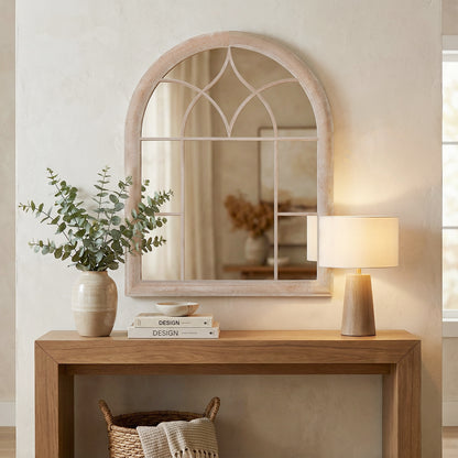 Farmhouse Window Pane Mirror Large Arched Wall Mounted Mirror with Metal Frame 88.5 x 69 cm-Grey
