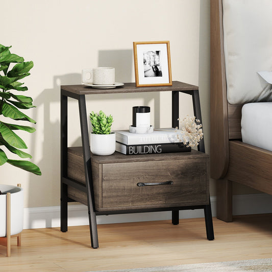 Farmhouse 3-Tier Nightstand with Drawer and Open Shelf for Living Room Bedroom-Grey