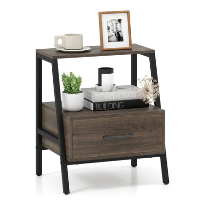 Farmhouse 3-Tier Nightstand with Drawer and Open Shelf for Living Room Bedroom-Grey
