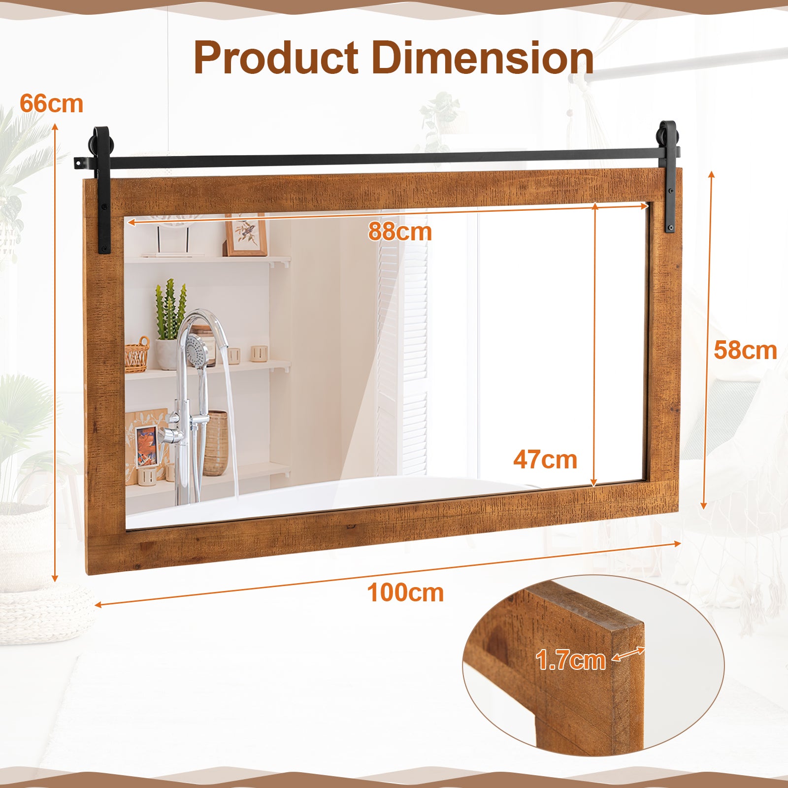 Farmhouse Bathroom Wall Mirro with Fir Wood Frame-Brown