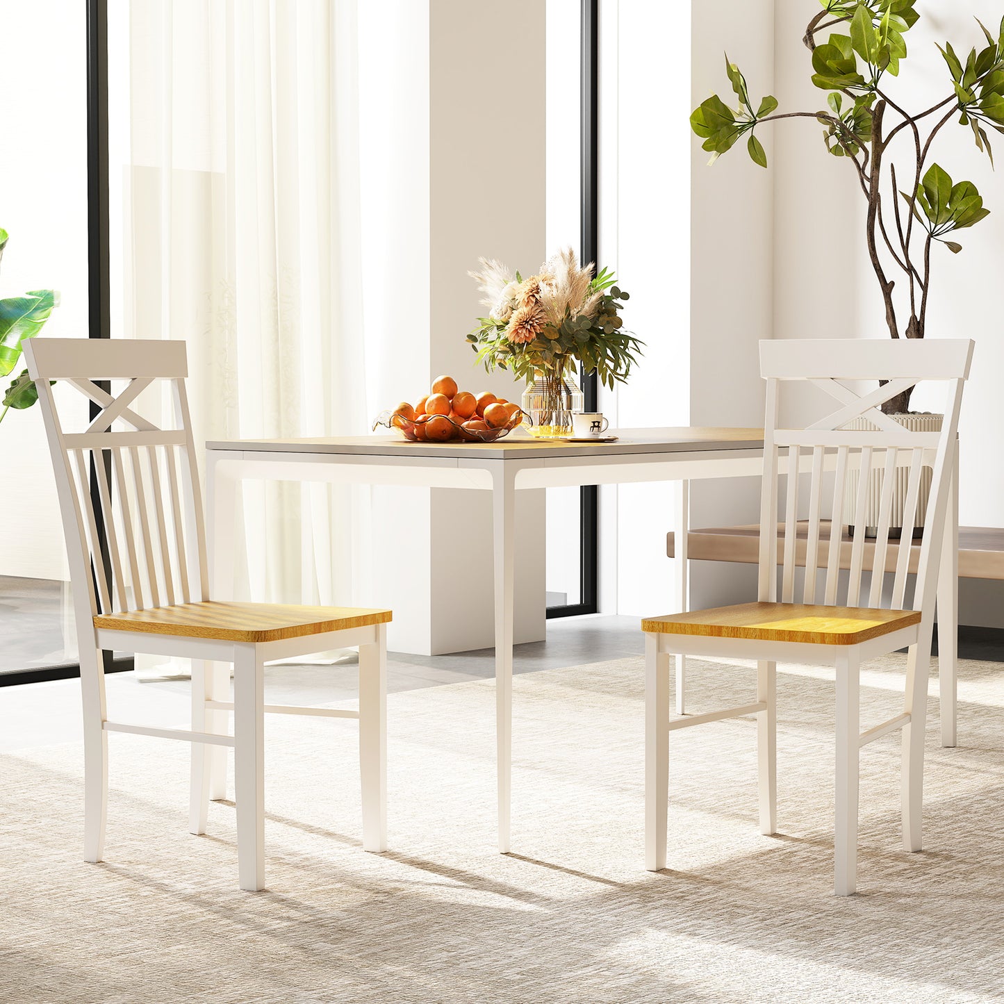 Farmhouse Dining Chair Set of 2 Wooden Kitchen Chair with Rubber Wood Frame-Natural