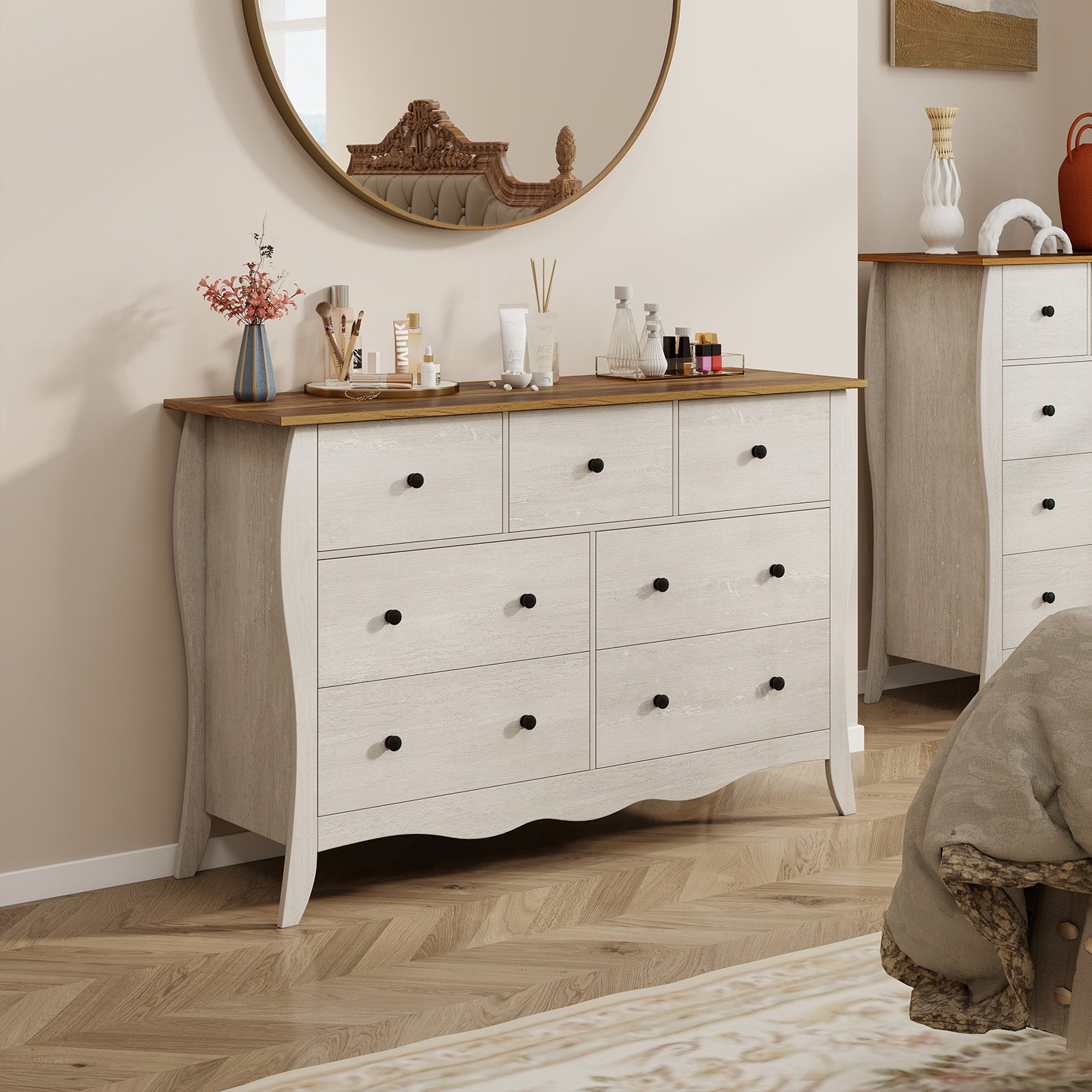 Farmhouse Dresser for Bedroom with 3 Folding Fabric Drawers-Grey