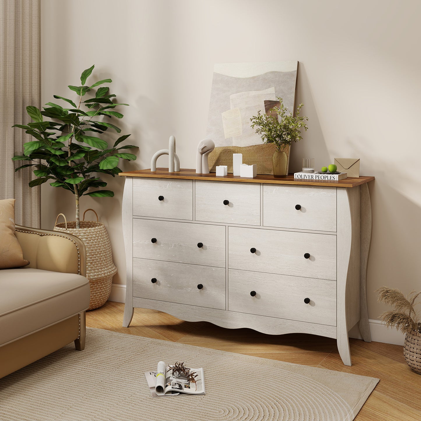 Farmhouse Dresser for Bedroom with 3 Folding Fabric Drawers-Grey