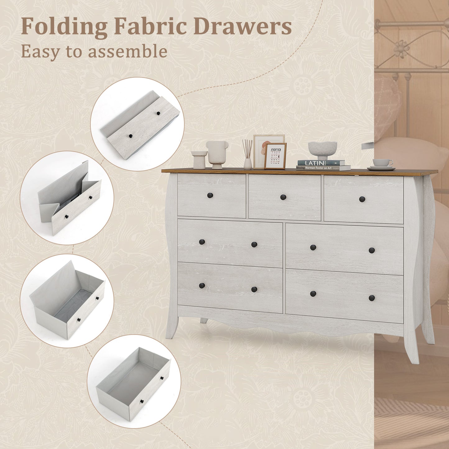 Farmhouse Dresser for Bedroom with 3 Folding Fabric Drawers-Grey