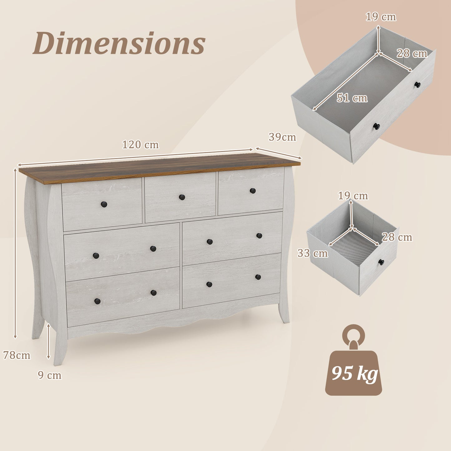 Farmhouse Dresser for Bedroom with 3 Folding Fabric Drawers-Grey