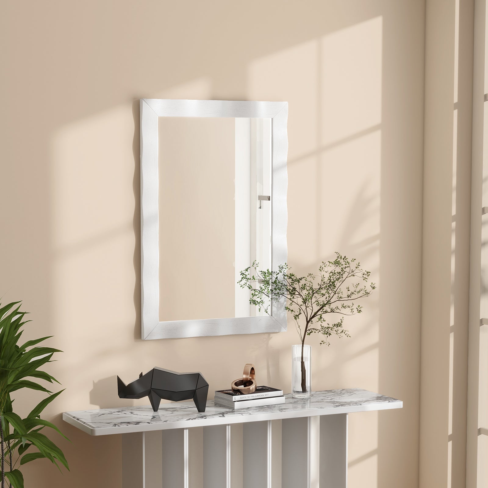 Farmhouse Wall Mirror Rubber Wood Rustic Style Wall Mirror-White