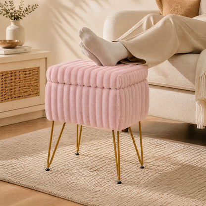 Faux Fur Ottoman with Metal Legs and 2-in-1 Design for Living Room Bedroom-Pink