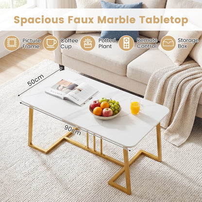 Faux Marble Rectangular Center Table with Heavy-Duty Metal frame-White