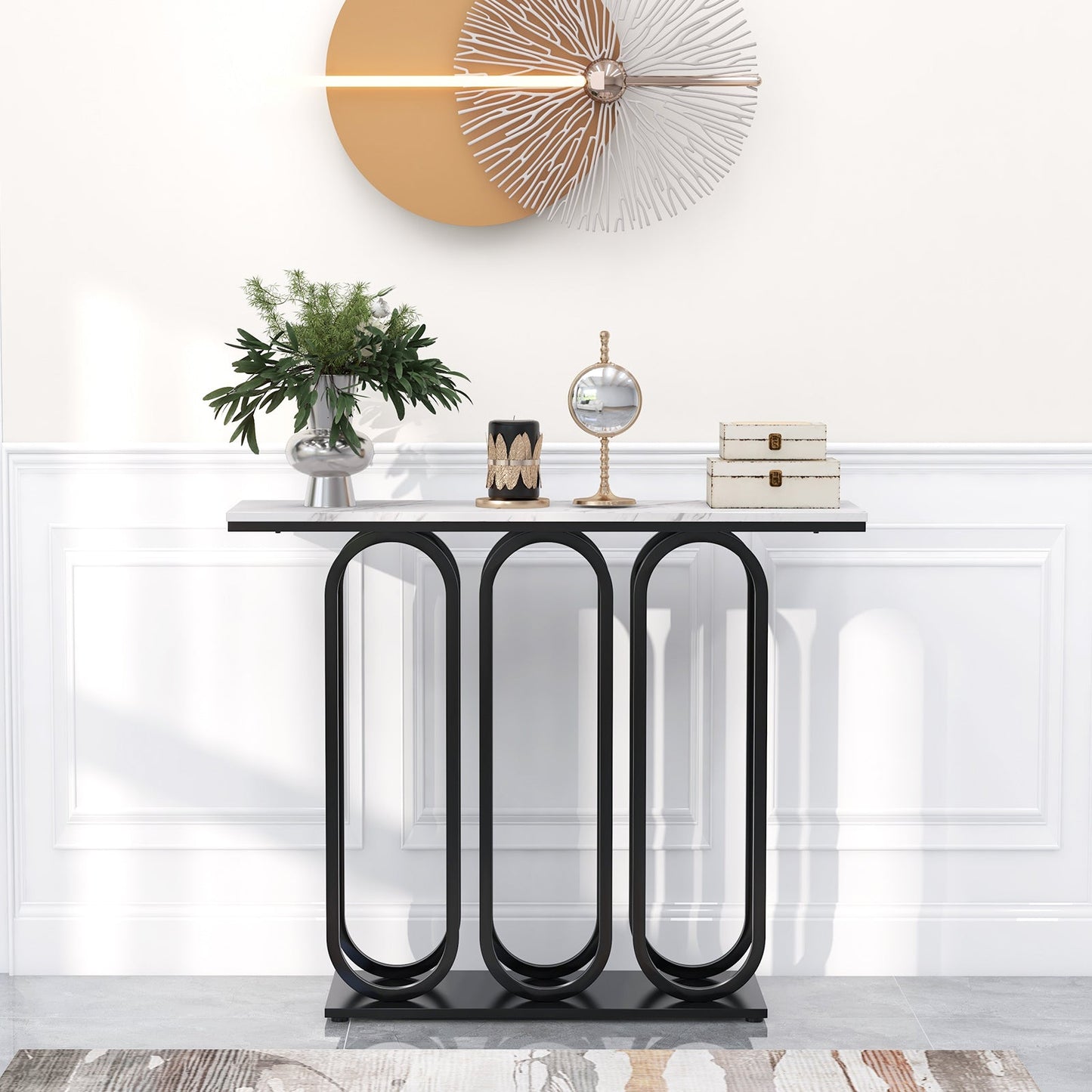 100 CM Faux Marble Entryway Table with Adjustable Foot Pads-Black