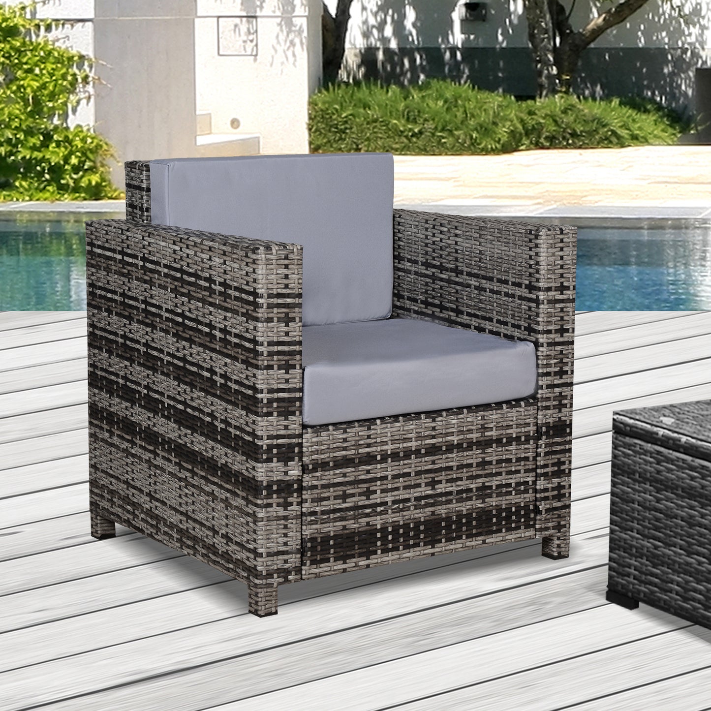Outsunny Jednoosobowa sofa rattanowa z 10 cm grubą wyściełaną poduszką, fotel ogrodowy z plecionki PE, odporny na warunki atmosferyczne, z podłokietnikami, szary