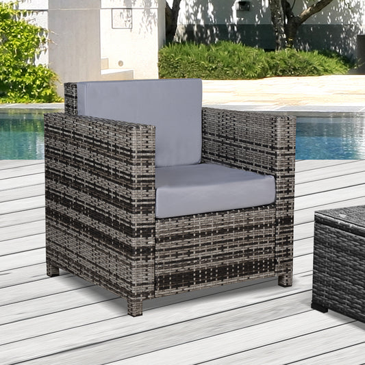 Outsunny Jednoosobowa sofa rattanowa z 10 cm grubą wyściełaną poduszką, fotel ogrodowy z plecionki PE, odporny na warunki atmosferyczne, z podłokietnikami, szary
