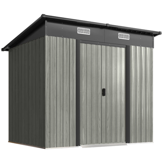 Outsunny 7 x 4ft Outdoor Storage Shed with Foundation Kit, Lean to Metal Garden Shed for Log, Rubbish Bin, Tool, Bike, Light Grey