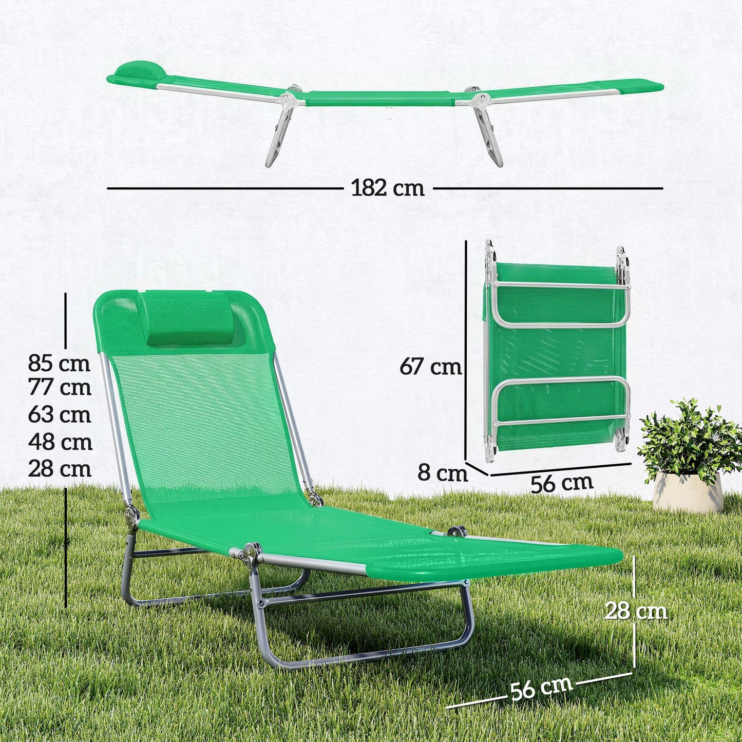 Outsunny Steel Frame Sun Lounger, with Reclining Back - Dark Green