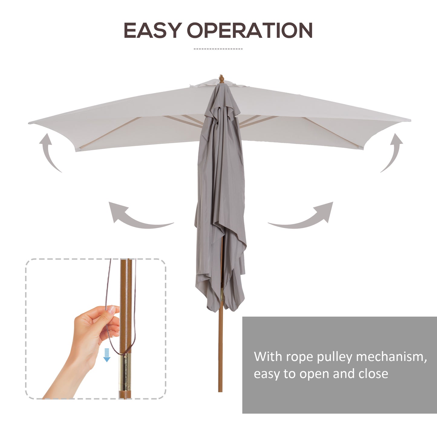 Outsunny 2 x 3m Drewniany Parasol Ogrodowy Zewnętrzny Baldachim Przeciwsłoneczny, Parasol Stołowy z Otworami, Słup 38 mm, Mechanizm Linowy, Jasnoszary